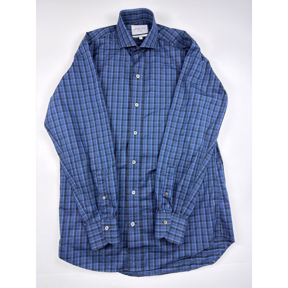 Ledburyโ Fine Shirting Mens 15 Classic Fit Blue Black Plaid Button Down Shirt